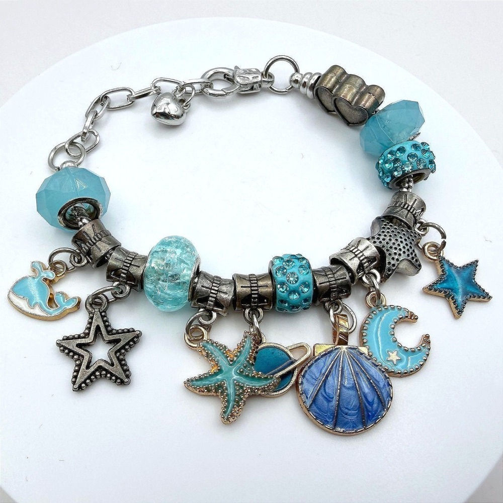 Vintage Aqua Blue Charm Bracelet Beaded‎ Ocean Sea Starfish Moon Y2K 90s 2000s